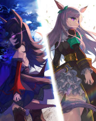 2girls animal_ears armband backless_dress backless_outfit backlighting black_dress black_hair black_thighhighs blue_dress blue_headwear bow cloud cloudy_sky commentary dark dawito dress ear_ribbon from_side frown fur_collar glowing glowing_eyes grey_hair hat highres horse_ears horse_girl horse_tail lace-up_thighhighs light long_hair long_sleeves looking_at_another looking_back looking_to_the_side medium_dress mejiro_mcqueen_(umamusume) multiple_girls off-shoulder_dress off_shoulder opposing_sides purple_eyes rice_shower_(umamusume) short_dress sky standing sweatdrop swept_bangs tail thighhighs umamusume