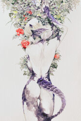 Rule 34 | age iro, au ra, back, final fantasy, final fantasy xiv, flower, highres, nude, painting (medium), traditional media, watercolor (medium)