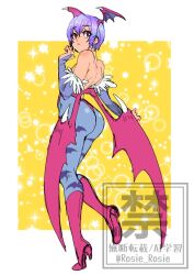1girl ass backless_outfit bare_shoulders blue_pantyhose boots border darkstalkers demon_girl demon_wings from_behind full_body head_wings high_heel_boots high_heels leotard lilith_(darkstalkers) multiple_wings pantyhose purple_eyes purple_hair red_boots red_leotard rosie_rosie short_hair simple_background sketch solo white_border wings yellow_background