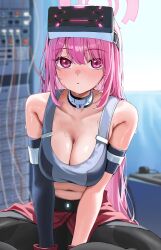 1girl absurdres armband black_armband black_gloves black_pants blue_archive blurry blurry_background blush breasts cable cleavage closed_mouth collarbone commentary_request eimi_(blue_archive) gloves grey_sports_bra halo head-mounted_display highres large_breasts long_hair looking_at_viewer navel official_alternate_costume official_alternate_hairstyle pants pink_eyes pink_hair pink_halo single_glove sitting solo sports_bra stomach sweat tai_saka visor_lift