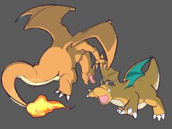 absurdres angry antennae charizard claws creatures_(company) dragonite fire full_body game_freak gen_1_pokemon grey_background highres horns nintendo no_humans open_mouth pokemon pokemon_(creature) pokemon_focus simple_background single_horn tail tea_zatter wings yellow_eyes