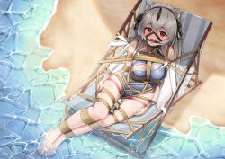 1girl absurdres animal_ear_fluff animal_ears arms_at_sides ball_gag bare_shoulders bdsm beach beach_chair blush bondage bound bound_arms bound_breasts bound_legs bound_torso breasts cat_ears chair_bondage chair_tied cleavage cleavage_cutout clothing_cutout collarbone crotch_rope drooling embarrassed female_focus flan_ling full_body gag gagged hair_ornament highres leaning_back long_hair looking_at_viewer looking_up maid_headdress medium_breasts ocean one-piece_swimsuit original public_bondage public_indecency red_eyes saliva saliva_trail sand sex_toy shibari shibari_over_clothes skin_tight skindentation solo swimsuit thigh_strap toes very_long_hair vibrator water white_hair