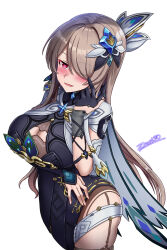 1girl :d artist_name black_dress black_gloves blush breasts brown_hair cleavage cleavage_cutout clothing_cutout cosplay dress gloves hair_ornament hair_over_one_eye highres honkai_(series) honkai_impact_3rd large_breasts long_hair mole mole_under_eye open_mouth pink_background rita_rossweisse signature simple_background single_sleeve smile solo very_long_hair vita_(honkai_impact) vita_(honkai_impact)_(cosplay) vita_(lone_planetfarer)_(honkai_impact) white_background zero130