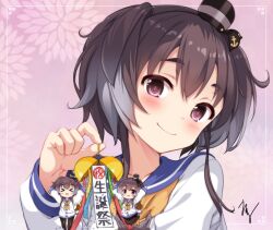 Rule 34 | 1girl, black hair, blush, brown eyes, dress, gradient background, gradient hair, grey hair, happy birthday, hat, headgear, highres, kantai collection, looking at viewer, lowleg, lowleg pantyhose, mini hat, mini person, minigirl, multicolored hair, neckerchief, open mouth, pantyhose, pink background, sailor collar, sailor dress, school uniform, seamed legwear, serafuku, short hair, short hair with long locks, smile, smokestack hair ornament, takuma (takumo7121), tokitsukaze (kancolle), yellow neckerchief