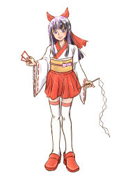 1girl hair_ribbon highres japanese_clothes legs long_hair miko original pink_lips purple_eyes purple_hair ribbon skirt smile solo thighs