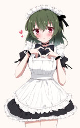 Rule 34 | 1girl, alternate costume, apron, black bow, black bowtie, black choker, black dress, blush, bow, bowtie, callretortyagiza, choker, commentary request, cross, cross earrings, dress, earrings, enmaided, four-finger heart hands, frilled apron, frills, green hair, heart, heart choker, heart hands, highres, idolmaster, idolmaster million live!, jewelry, looking at viewer, maid, maid apron, maid headdress, nagayoshi subaru, petticoat, puffy short sleeves, puffy sleeves, red eyes, short sleeves, simple background, solo, white apron