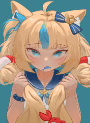 1girl absurdres animal_ears blonde_hair blue_background blue_bow blue_eyes blue_sailor_collar blue_streaks bow cat_ears dress fish_in_mouth grabbing_own_hair hair_bow highres indie_virtual_youtuber lifebuoy_hair_ornament looking_at_viewer low_twintails one_side_up papaba sailor_collar sailor_dress sameko_saba solo twintails virtual_youtuber