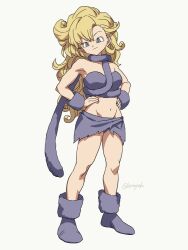 1girl ayla_(chrono_trigger) bare_shoulders blonde_hair boots cavewoman chrono_trigger curly_hair groin hands_on_own_hips hosodayo loincloth long_hair midriff solo standing white_background