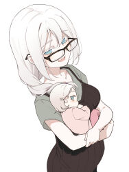 1girl 1other asutora asutora-chan baby black-framed_eyewear blue_eyes braid braided_ponytail breasts carrying collarbone commentary glasses highres looking_at_viewer medium_breasts medium_hair open_mouth original pregnant simple_background smile white_background white_hair