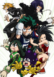 3boys 3girls :&gt; :p asui_tsuyu belt black_eyes black_hair bodysuit boku_no_hero_academia breasts brown_eyes cleavage closed_mouth freckles full_body gloves green_bodysuit hair_between_eyes hair_rings highres jacket jiro_kyoka jumping kaminari_denki large_breasts leotard leotard_under_clothes light_smile long_hair looking_at_viewer low-tied_long_hair midoriya_izuku mineta_minoru multiple_boys multiple_girls official_art open_clothes open_jacket open_mouth ponytail scan scared school_uniform short_hair simple_background superhero_costume thick_thighs thighs tongue tongue_out very_long_hair white_belt white_gloves wide_hips yaoyorozu_momo