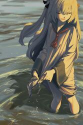 1girl absurdres atri atri-my_dear_moments- blue_sailor_collar brown_hair closed_eyes dress hair_between_eyes hair_ribbon highres long_hair long_sleeves neckerchief ocean open_mouth outdoors rasupekuto red_neckerchief ribbon sailor_collar shadow smile solo sunset two_side_up wading white_dress wide_sleeves