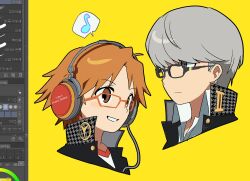 Rule 34 | 2boys, art program in frame, glasses, grey hair, hanamura yousuke, headphones, male focus, multiple boys, musical note, narukami yu, nt 26, persona, school uniform, spoken musical note, yasogami school uniform, yellow background