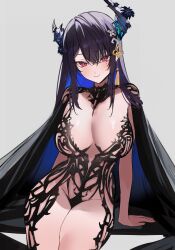 1girl absurdres arm_support asymmetrical_horns black_dress black_hair blush breasts closed_mouth colored_inner_hair commentary demon_horns dress english_commentary flower groin highres hololive hololive_english horn_flower horns katsubaoo large_breasts long_hair looking_at_viewer mole mole_under_eye multicolored_hair nerissa_ravencroft pink_eyes sitting smile solo tassel thighs two-tone_hair uneven_horns very_long_hair virtual_youtuber white_background