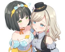 2girls ? bare_shoulders black_hair black_hairband black_hat blue_bow blue_dress blue_eyes blue_sleeves blunt_bangs blunt_ends blush bob_cut bow bow_hairband breasts celebration!_(love_live!) ceras_yanagida_lilienfeld closed_mouth clothing_cutout collared_shirt commentary_request detached_sleeves dress eye_contact flower flower_hairband frilled_shirt_collar frills green_eyes grey_hair grey_shirt grey_skirt hair_ribbon hairband hanazora_satsuki hat highres large_breasts link!_like!_love_live! long_hair looking_at_another love_live! momose_ginko multiple_girls official_alternate_costume open_mouth parted_lips pink_ribbon puffy_short_sleeves puffy_sleeves retrofuture_(love_live!) ribbon shirt short_hair short_sleeves shoulder_cutout skirt split_mouth strapless strapless_dress sweatdrop translation_request virtual_youtuber wavy_hair white_flower yellow_hairband