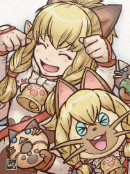 Rule 34 | 1girl, :d, ^ ^, bell, blinking inside eyes, blonde hair, bow, capelet, cat, closed eyes, donut, eyelashes, felyne, food, hands up, long hair, meowstress, monster hunter (series), monster hunter stories, monster hunter x, navirou (monster hunter), neck bell, open mouth, paw pose, pointy ears, smile, tanabanata, white bow, white capelet