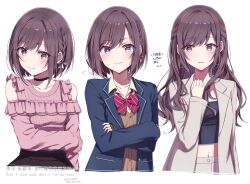 Rule 34 | blazer, blush, bow, braid, brown eyes, brown hair, choker, crossed arms, do while02, highres, jacket, long hair, looking at viewer, multiple girls, navel, project sekai, school uniform, shinonome ena, short hair, smile, white background