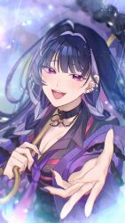 Rule 34 | 1girl, :d, ahoge, black choker, black hair, black shirt, blunt bangs, blush, braid, breasts, chain, choker, cleavage, collared shirt, commentary request, ear piercing, earrings, eyelashes, fingernails, gold chain, gold earrings, hair intakes, hands up, highres, holding, holding umbrella, jacket, jewelry, kaburagi (pnoir087), large breasts, lens flare, light particles, long fingernails, long hair, long sleeves, looking at viewer, meloco kyoran, meloco kyoran (1st costume), multicolored hair, multicolored nails, nail polish, necktie, nijisanji, nijisanji en, off shoulder, open clothes, open jacket, open mouth, outstretched hand, piercing, pink nails, puffy long sleeves, puffy sleeves, purple eyes, purple hair, purple jacket, purple nails, purple necktie, purple scrunchie, purple umbrella, scrunchie, shirt, side braids, smile, solo, streaked hair, teeth, umbrella, upper body, upper teeth only, virtual youtuber, wrist scrunchie
