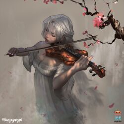 artist_name bow_(music) breasts closed_eyes commentary english_commentary holding holding_instrument holding_violin instrument kuya_jaypi long_hair music original pink_petals playing_instrument tree violin
