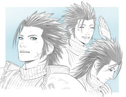 1boy armor blue_background blue_eyes blush border closed_eyes cross_scar crylin6 earrings facial_scar final_fantasy final_fantasy_vii gloves grey_hair grin hair_slicked_back jewelry male_focus medium_hair monochrome multiple_views open_mouth pauldrons scar scar_on_cheek scar_on_face shoulder_armor sideburns single_earring sleeveless sleeveless_turtleneck smile solo teeth turtleneck upper_body white_border