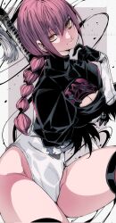 1girl 2b_(nier:automata) 2b_(nier:automata)_(cosplay) artist_name black_gloves black_thighhighs braid braided_ponytail breasts chainsaw_man cleavage_cutout clothing_cutout cosplay gloves highres juliet_sleeves kinakomochi_(user_vedc2333) leotard long_hair long_sleeves looking_at_viewer makima_(chainsaw_man) nier:automata nier_(series) puffy_sleeves red_hair ringed_eyes solo sword sword_on_back thick_thighs thighhighs thighs weapon weapon_on_back yellow_eyes