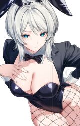 1girl animal_ears black_bow black_bowtie black_leotard blue_eyes bow bowtie breasts cleavage closed_mouth cowboy_shot detached_collar faust_(project_moon) fishnet_pantyhose fishnets highres large_breasts leotard limbus_company looking_at_viewer pantyhose project_moon rabbit_ears short_hair sidelocks smile sohdvh_khos_ph solo white_hair