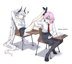 2girls black_pantyhose black_skirt breasts candy chair collared_shirt crossed_bangs demon_girl demon_horns demon_wings desk fate/grand_order fate_(series) food glasses green_eyes grey_hair hair_between_eyes hair_over_one_eye highres horns house_tag_denim large_breasts lilith_(fate) lollipop long_hair long_sleeves looking_back mash_kyrielight medium_breasts multiple_girls musical_note necktie notebook pantyhose pink_hair pointy_ears purple_eyes school_desk shirt short_hair sitting skirt twintails very_long_hair white_shirt wings