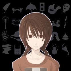 1girl braid brown_eyes brown_hair chef_no_kimagure_salad close-up collarbone female_focus jpeg_artifacts madotsuki mugshot shirt solo t-shirt twin_braids yume_nikki