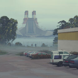 Rule 34 | 2boys, architecture, ball, building, car, day, football goal, goal, grass, highres, motor vehicle, multiple boys, outdoors, parking lot, plant, science fiction, simon stalenhag, sky, soccer, soccer ball, standing, swedish machines, tree, van