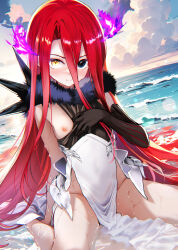 Rule 34 | 1girl, bare shoulders, beach, black dress, black eyes, black gloves, blue sky, blush, breasts, dress, elbow gloves, fate/grand order, fate (series), fire, gloves, hair between eyes, heterochromia, highres, hitsujibane shinobu, long hair, looking at viewer, nipples, ocean, one breast out, pelvic curtain, purple fire, red hair, shore, single elbow glove, sky, small breasts, solo, two-tone dress, typhon ephemeros (fate), typhon ephemeros (third ascension) (fate), very long hair, white dress, yellow eyes