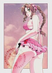 Rule 34 | aerith gainsborough, aerith gainsborough (pink mermaid), ass, bare arms, bare shoulders, bikini, bikini skirt, border, bow, bow skirt, braid, braided ponytail, breasts, brown hair, cloud, cloudy sky, cowboy shot, final fantasy, final fantasy vii, final fantasy vii rebirth, final fantasy vii remake, flower, frilled skirt, frills, green eyes, hair flower, hair ornament, highres, long hair, looking at viewer, medium breasts, midriff, official alternate costume, parted bangs, parted lips, pink bikini, pink flower, red bow, shikiwo, sideboob, sidelocks, signature, single braid, skirt, sky, swimsuit, white border