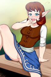 Rule 34 | 1girl, aldharoku, anju (zelda), blue eyes, censored, highres, nintendo, no panties, pointy ears, red hair, solo, the legend of zelda, the legend of zelda: ocarina of time