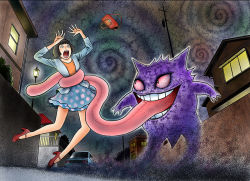 1girl bloodshot_eyes crazy_eyes creatures_(company) creepy dark evil_smile game_freak gen_1_pokemon gengar ghost grin horror_(theme) itou_junji long_tongue miniskirt nintendo official_art open_mouth pokemon pokemon_(creature) polka_dot polka_dot_skirt red_eyes scared screaming skirt smile spiral teeth tongue tongue_out