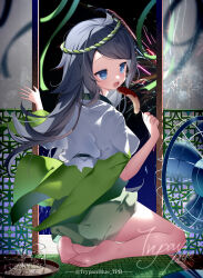 Rule 34 | 1girl, absurdres, barefoot, birdcage, black hair, blue eyes, blush, cage, chocolate-covered food, chocolate banana, electric fan, feet, green skirt, grey hair, highres, inohara koboshi, long hair, looking at viewer, looking back, ongeki, open mouth, shirt, short sleeves, skirt, smile, soles, solo, trypan blue, twitter username, water