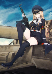 1girl arm_support assault_rifle belt black_boots black_necktie black_thighhighs blonde_hair boots breasts closed_mouth commission girls&#039;_frontline gloves green_eyes gun hat high_heel_boots high_heels highres holding holding_gun holding_weapon long_hair long_sleeves looking_at_viewer medium_breasts military_hat military_uniform necktie peaked_cap persocon93 pixiv_commission rifle shirt sitting solo stg44 stg44_(girls&#039;_frontline) thigh_boots thighhighs thighhighs_under_boots very_long_hair weapon white_belt white_gloves white_shirt