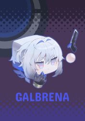absurdres blue_eyes blue_nails character_name closed_mouth commentary_request cube_(wuthering_waves) fingernails galbrena_(wuthering_waves) gun hair_between_eyes hair_intakes hand_up highres looking_ahead no_humans purple_background shigureszku short_hair v-shaped_eyebrows weapon white_hair wuthering_waves