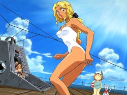 1990s_(style) 2girls 6+boys ball ballast_operator_(nadia) beachball blonde_hair blue_eyes chief_navigator_(nadia) echo_willan electra_(nadia) extra fushigi_no_umi_no_nadia goggles helmsman_(nadia) king king_(nadia) lion long_hair marie_en_carlsberg multiple_boys multiple_girls nautilus nautilus_crew one-piece_swimsuit peeking red_hair retro_artstyle ribbon short_hair sky snorkel strapless strapless_one-piece_swimsuit submarine swimsuit voyeurism water watercraft