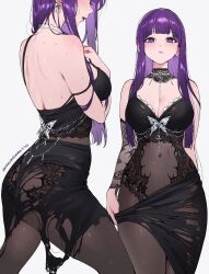 1girl absurdres alternate_costume bare_shoulders black_dress blush breasts closed_mouth covered_navel cowboy_shot dress earrings fern_(sousou_no_frieren) from_side highres jewelry large_breasts long_hair looking_at_viewer multiple_views paid_reward_available pantyhose patreon_username purple_eyes purple_hair qiandaiyiyu simple_background sousou_no_frieren standing thighs torn_clothes white_background