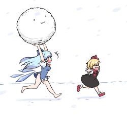 &gt;_&lt; 2girls :3 :d alternate_hair_length alternate_hairstyle animated animated_gif barefoot bilingual_commentary black_dress blonde_hair blue_bow blue_hair blue_wings boots bow bowtie breasts cirno closed_eyes commentary dress english_commentary fang flat_chest hair_bow highres holding holding_snowball ice ice_wings korean_commentary long_hair looping_animation mary_janes medium_breasts mirae_somang mixed-language_commentary multiple_girls open_mouth puffy_short_sleeves puffy_sleeves red_boots red_bow red_bowtie rumia running shoes short_dress short_hair short_sleeves side_slit simple_background smile snow snowball socks touhou two-tone_dress white_background white_dress white_socks wings