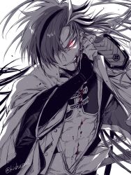 Rule 34 | 1boy, blood, blood from mouth, earrings, fate/grand order, fate (series), glowing, glowing eye, hair over one eye, highres, jewelry, katana, kishusoul, long hair, male focus, monochrome, red eyes, spot color, sword, takasugi shinsaku (fate), twitter username, weapon, wiping blood
