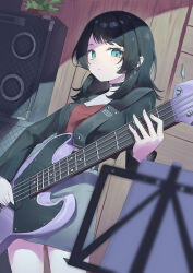 1girl 5-string_bass_guitar absurdres bang_dream! bang_dream!_it&#039;s_mygo!!!!! bass_guitar black_choker black_hair black_jacket choker cowboy_shot electric_guitar extended_range_bass_guitar green_eyes grey_skirt guitar highres instrument jacket kitahara_(pixiv_19528441) medium_hair miniskirt music music_stand open_clothes open_jacket pencil_skirt plant playing_instrument plectrum potted_plant skirt solo speaker yahata_umiri