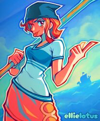 1girl artist_name bandana bare_arms birthday black_bandana blue_sky blush breasts brown_eyes cloud cloudy_sky commentary cowboy_shot ellie_lotus english_commentary going_merry highres holding holding_staff horizon index_finger_raised looking_at_viewer nami_(one_piece) nami_(one_piece)_(east_blue) ocean one_piece orange_hair orange_skirt pirate_ship shirt short_hair short_sleeves single_sidelock skirt sky solo staff tongue tongue_out v-neck water white_shirt