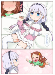 Rule 34 | 2girls, beads, bed sheet, blue eyes, blush, brown hair, dragon girl, dragon horns, dress, closed eyes, flower, goldmondsel, hair beads, hair flower, hair ornament, hairband, heart, highres, horns, jumping, kanna kamui, kobayashi-san chi no maidragon, long hair, low twintails, multiple girls, on bed, open mouth, saikawa riko, silver hair, sweat, thighhighs, translation request, twintails, yuri