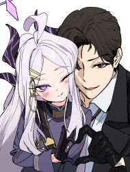 1boy 1girl ahoge bad_id bad_pixiv_id black_gloves black_hair black_horns black_suit blue_archive dorontabi formal_clothes gloves halo heart heart_hands hina_(blue_archive) horns long_hair looking_at_viewer one_eye_closed purple_eyes purple_halo red_eyes sensei_(blue_archive) shirt short_hair simple_background suit upper_body very_long_hair white_background white_hair white_shirt