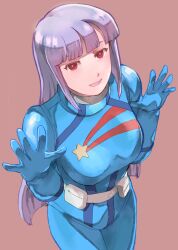 Rule 34 | 1girl, absurdres, belt, blue bodysuit, bodysuit, breasts, brown background, cowboy shot, gundam, gundam zz, highres, k katora, long hair, looking at viewer, mecha pilot suit, medium breasts, open mouth, pilot suit, purple hair, red eyes, roux louka, science fiction, simple background, solo, star (symbol), star print
