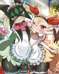 Rule 34 | :3, ;3, absurdres, apron, black fur, blush, braixen, carrot summer, closed mouth, clothed pokemon, eyelashes, fangs, fangs out, flower, gen 6 pokemon, green fur, highres, maid apron, maid headdress, meowscarada, multicolored fur, nintendo, no humans, one eye closed, orange eyes, pink flower, pokemon, pokemon (creature), pokemon focus, red eyes, red fur, skin fangs, stick, thighhighs, white apron, white fur, white thighhighs, yellow fur, yellow tail