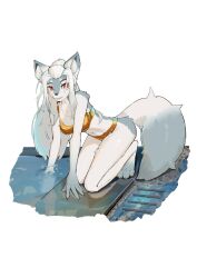1girl animal_ear_fluff animal_ears animal_feet animal_nose arm_support bikini breasts chest_fur claws cleavage commentary english_commentary eyebrow_cut eyebrows_hidden_by_hair fangs fox_ears fox_girl fox_tail full_body furry furry_female gfox40400 gold_bikini grate grey_fur grey_tail grin hair_over_shoulder highres kneeling large_breasts leaning_forward leaning_to_the_side legs_together long_eyelashes long_hair long_sidelocks looking_at_viewer navel orange_eyes original parted_bangs pool poolside sidelocks simple_background smile snout solo splashing swimsuit tail teeth thick_eyelashes thighs two-tone_fur two-tone_tail water white_background white_fur white_hair white_tail
