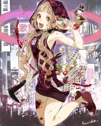 Rule 34 | 1girl, :d, animal ears, anki (sinoalice), arm up, armpits, bare arms, bare legs, blood, blood on arm, blood on face, blood on leg, blunt bangs, bow, building, cake, camouflage, camouflage hoodie, character ornament, clock, cover, cover page, curly hair, fang, flat chest, floating, food, fruit, gishin (sinoalice), hair bow, hammer, hat, high tops, himiko (326ontheweb), holding, holding cake, holding food, holding hammer, hood, hood up, hoodie, jumping, kabukicho (shinjuku), long hair, low twintails, manga cover, no socks, official art, open mouth, orange eyes, rabbit ears, reality arc (sinoalice), red riding hood (sinoalice), road, shinjuku (tokyo), shoes, sign, signature, sinoalice, sleeveless, sleeveless hoodie, smile, sneakers, solo, strawberry, street, tokyo (city), top hat, twintails