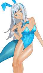 1girl :3 alternate_costume alternate_skin_color animal_ear_hairband animal_ears armpit_crease bare_shoulders blue_bow blue_bowtie blue_eyes blue_hair blue_hairband blue_leotard blue_nails blue_streaks blue_tail blunt_bangs bow bowtie breasts closed_mouth collar collarbone commentary contrapposto covered_navel curled_fingers detached_collar english_commentary eyebrows_hidden_by_hair fake_animal_ears feet_out_of_frame fingernails fins fish_tail gawr_gura grey_hair groin_tendon hair_flaps hairband half-closed_eyes hand_up head_tilt highleg highleg_leotard highres hip_bones holding holding_own_hair hololive hololive_english karassawa knees large_tail leaning_to_the_side leg_up legs_together leotard long_eyelashes long_fingernails long_hair long_legs long_sidelocks looking_at_viewer multicolored_hair narrowed_eyes oversized_breast_cup playboy_bunny rabbit_ear_hairband rabbit_ears raised_eyebrows seductive_smile shark_girl shark_tail shiny_skin sidelocks single_ear_down small_breasts smile smirk solo standing standing_on_one_leg straight-on strapless strapless_leotard streaked_hair tail tan thick_eyelashes thick_tail thighs very_long_hair virtual_youtuber white_collar white_wrist_cuffs wide_hips wrist_cuffs