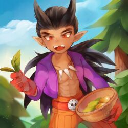 Rule 34 | 1boy, :d, abs, basket, belt, blue sky, blurry, blurry background, brown hair, bush, cloud, collarbone, dark-skinned male, dark skin, day, depth of field, dragon quest, dragon quest builders 2, gloves, hair horns, holding, holding basket, holding leaf, hotaro (bread fusa), jewelry, leaf, long hair, looking at viewer, low ponytail, male focus, muscular, muscular male, necklace, open clothes, open mouth, open shirt, orange pants, outdoors, pants, pine tree, pointy ears, ponytail, purple shirt, red belt, red eyes, red gloves, sharp teeth, shirt, sidoh (dqb2), skull belt, sky, smile, solo, spiked hair, teeth, tooth necklace, tree
