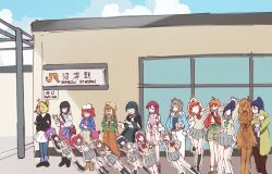 6+girls ahoge april_fools aqua_neckerchief arms_up black_boots black_hair black_jacket blonde_hair blue_hair blue_jacket blue_pants blunt_bangs boots bow bowtie braid breasts brown_dress brown_hair brown_skirt cardigan cellphone character_charm charm_(object) coat commentary_request crossed_arms crown_braid dress elbow_carry feet_out_of_frame flower green_coat green_jacket grey_sailor_collar grey_skirt hair_flower hair_ornament hair_petal hair_rings hairclip hat high_ponytail highres holding holding_phone hop?_stop?_nonstop! jacket kunikida_hanamaru kurosawa_dia kurosawa_ruby leather leather_jacket long_dress long_hair long_sleeves love_live! love_live!_sunshine!! love_live!_sunshine!!_the_school_idol_movie_over_the_rainbow low_twintails matsuura_kanan medium_breasts medium_hair miniskirt mole mole_under_mouth multiple_girls neckerchief numazu ohara_mari open_clothes open_coat open_jacket orange_bow orange_bowtie orange_hair outdoors outstretched_arms pants phone pink_shirt piririi pleated_skirt ponytail purple_bag real_world_location red_bow red_bowtie red_hair red_jacket red_neckerchief sailor_collar sakurauchi_riko school_uniform shirt short_hair side_braid sidelocks single_hair_ring skirt smartphone spread_arms squiggle standing statue sweater takami_chika tsushima_yoshiko turtleneck turtleneck_sweater twintails two_side_up uranohoshi_school_uniform watanabe_you white_coat white_hat white_jacket white_pants white_shirt white_sweater winter_uniform yellow_cardigan